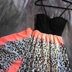 Black, Coral and White Patterned Maxi Dress